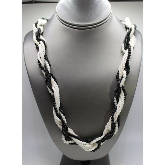 Vintage Twisted Multi Rope Bead Black and White Gold Tone Women's Necklace Decor - Picture 1 of 5